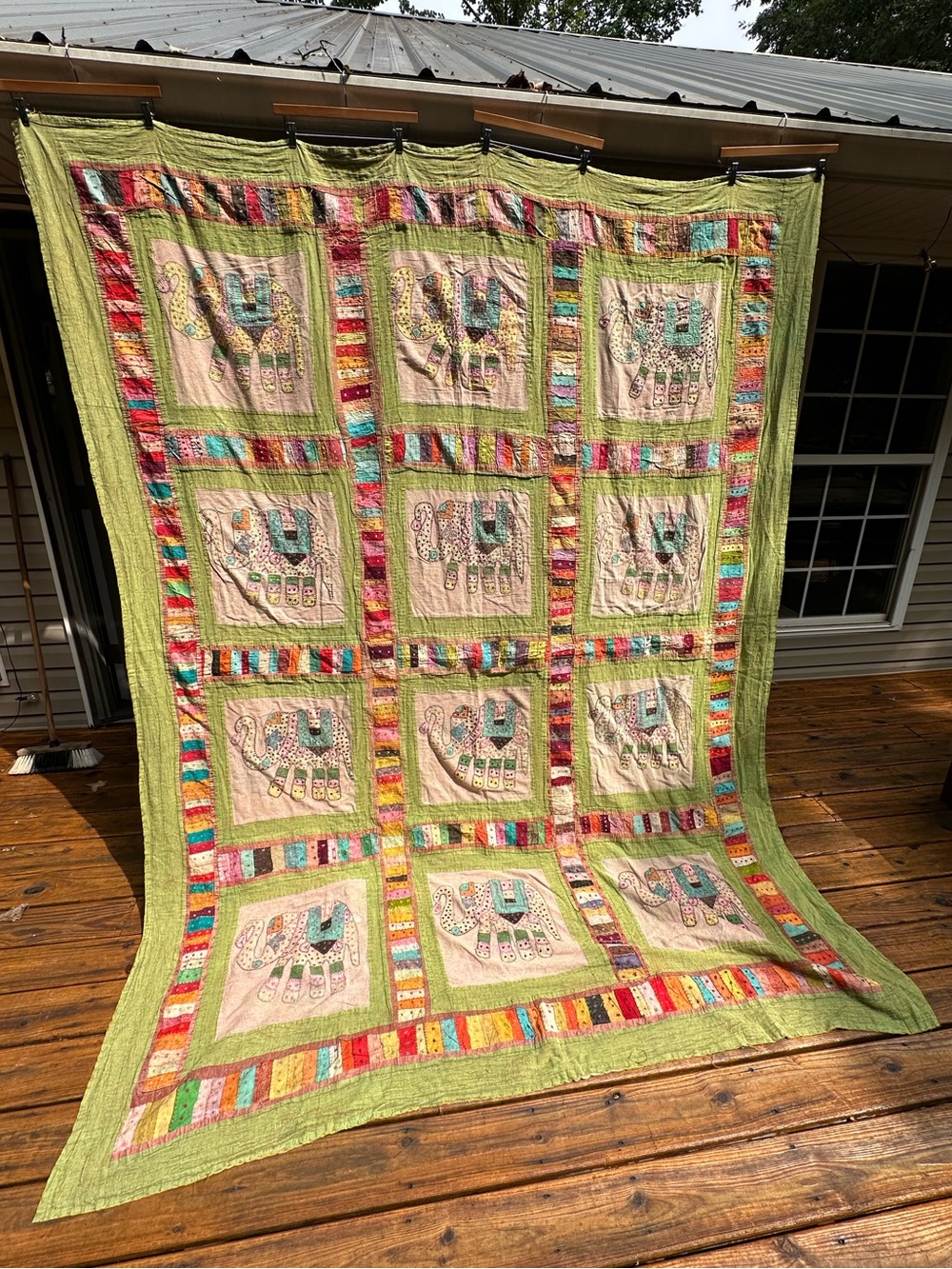 GUC Colorful Elephant Patchwork Kantha Quilt Coverlet Tapestry Wall Hanging